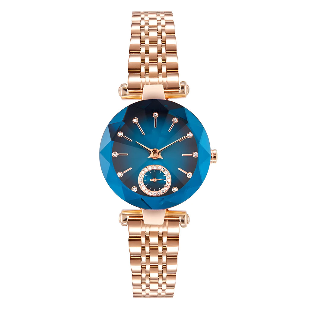 Women's rose gold quartz watch with 32mm round dial, steel strap, and 30M water resistance