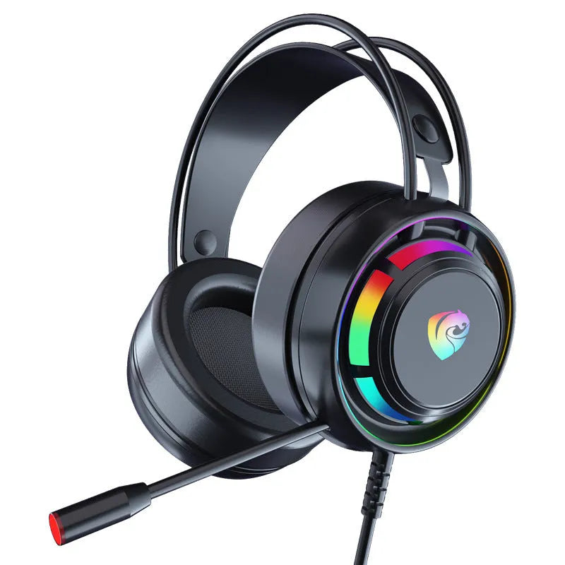 Black wired over-ear computer gaming headset with microphone showing 3.5mm and USB plug options