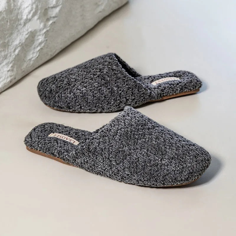 Fleece-lined thermal cotton slippers for women and men, non-slip beef tendon sole, square round toe, solid colour