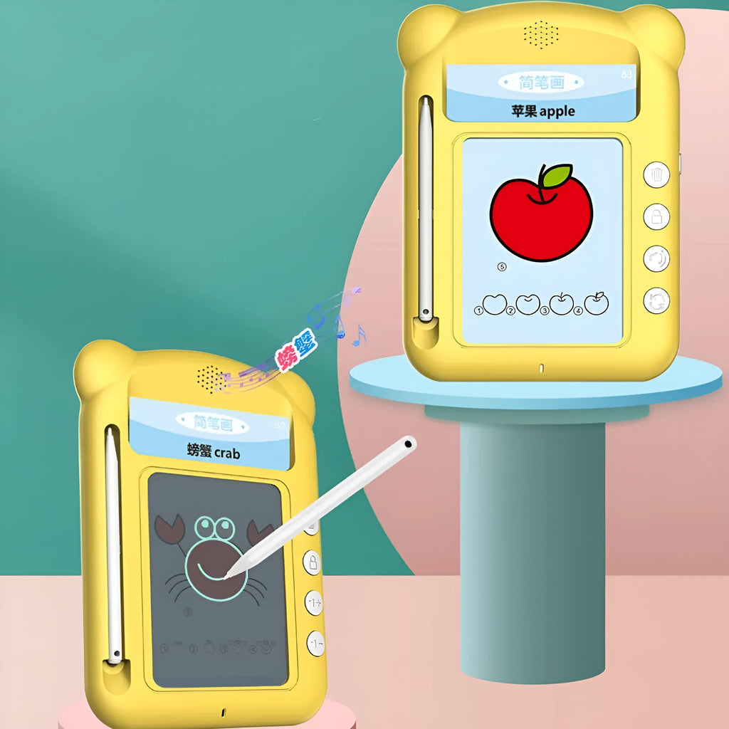 Yellow ABS plastic early learning machine with creative stick figure design and educational cards