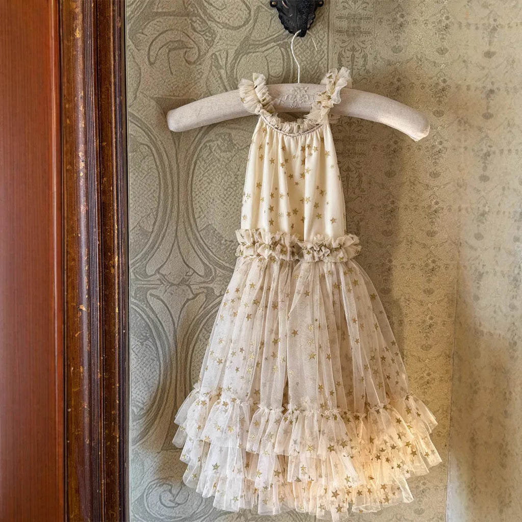 Summer girls sleeveless halter tulle skirt dress in solid apricot colour