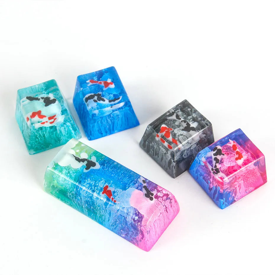 Clear resin keycap with koi fish and scenic pond design for Cherry MX mechanical keyboard