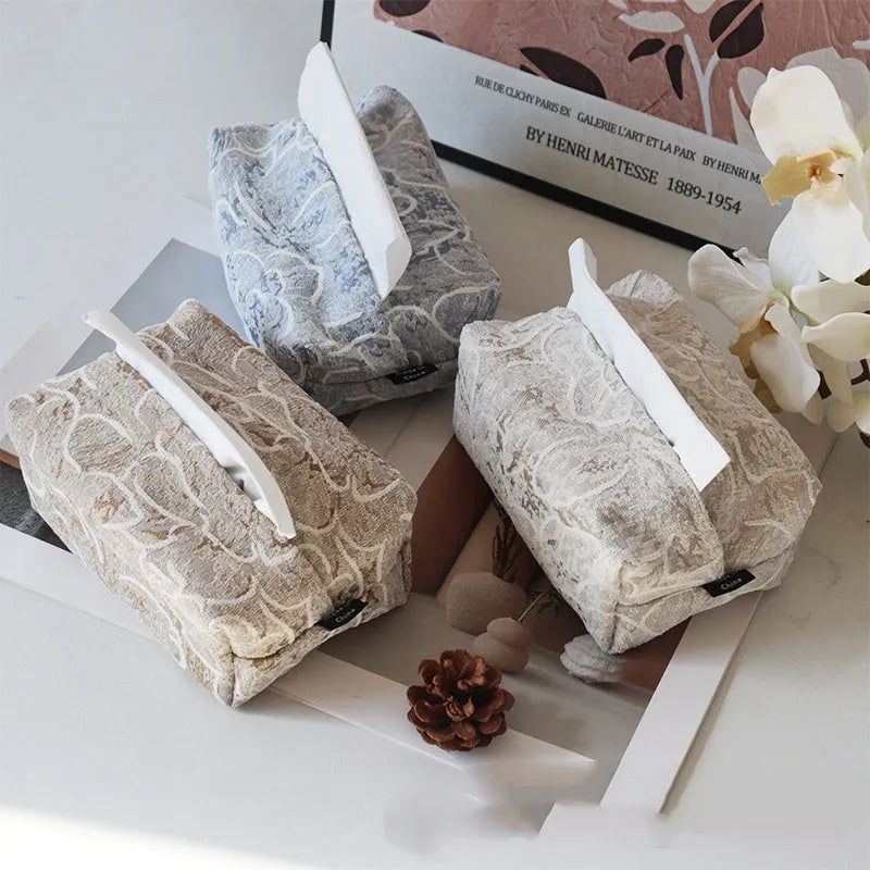 Chinese pastoral style cotton fabric tissue box in beige, blue, or brown.