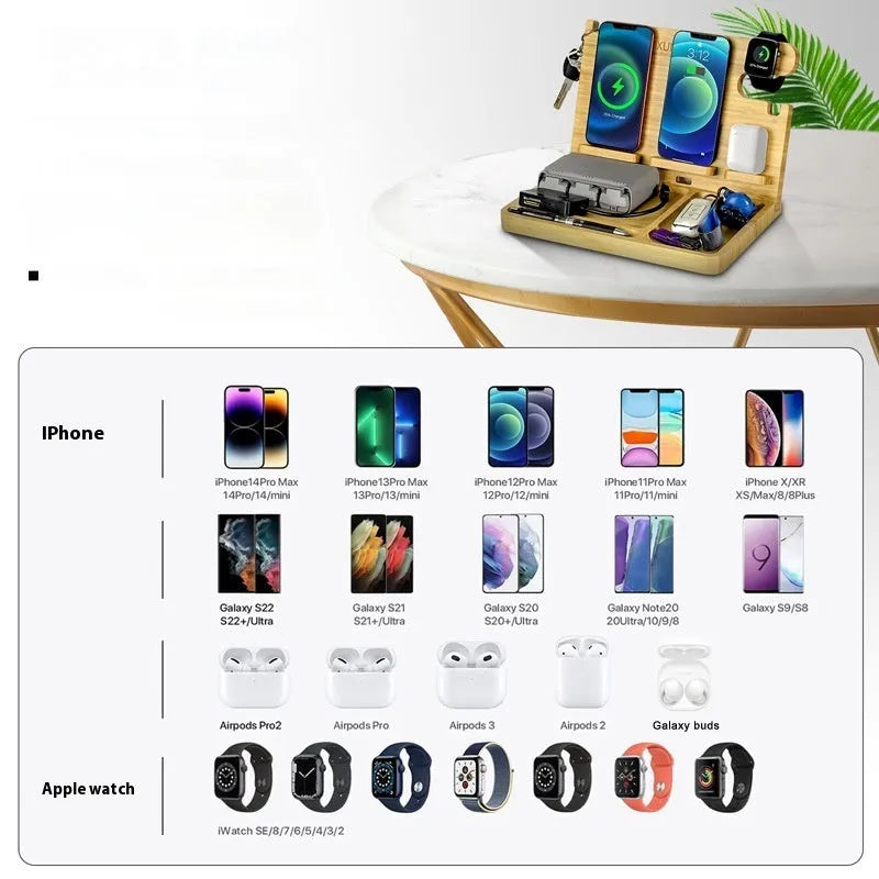 Multifunctional bamboo wireless charger bracket in wheat colour with 2A output