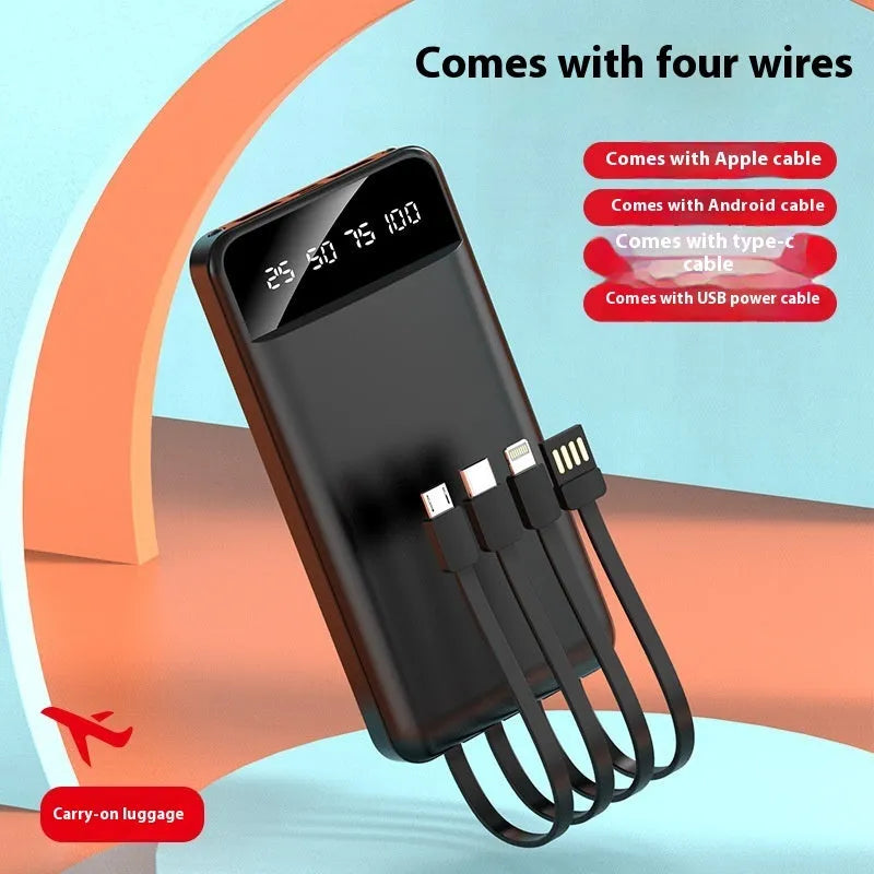 Black industrial-style 20000 mAh power bank with integrated USB charging cable showing compact dimensions.
