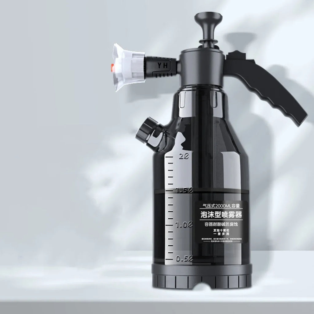 Hand-held 2 litre car wash foam sprayer gun with electric pump and high-pressure water cannon attachment.