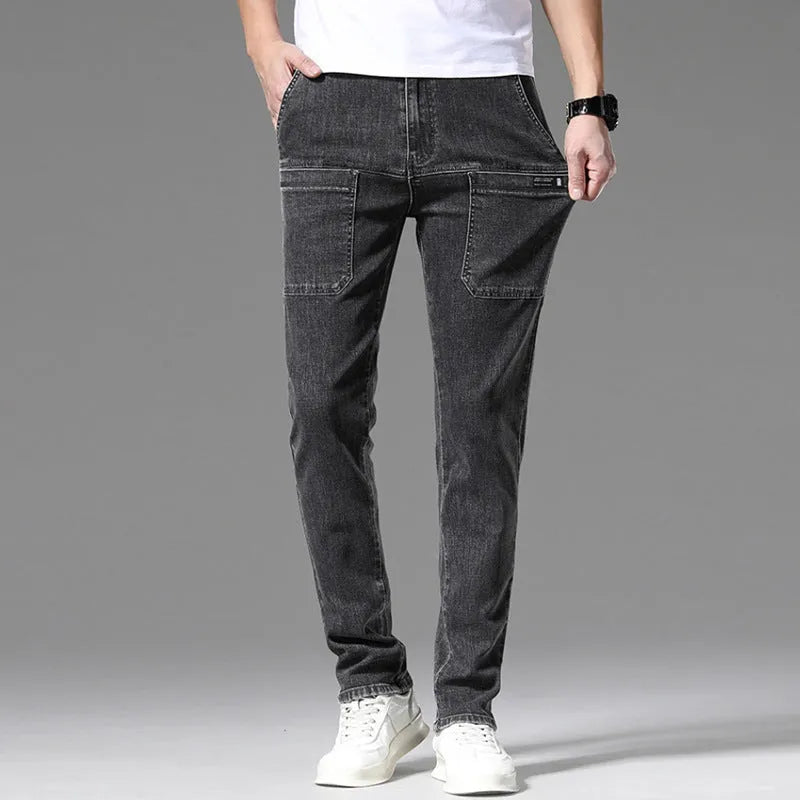 Men's straight-leg multi-pocket denim jeans in black, dark blue, and light blue colours, sizes 28 to 38