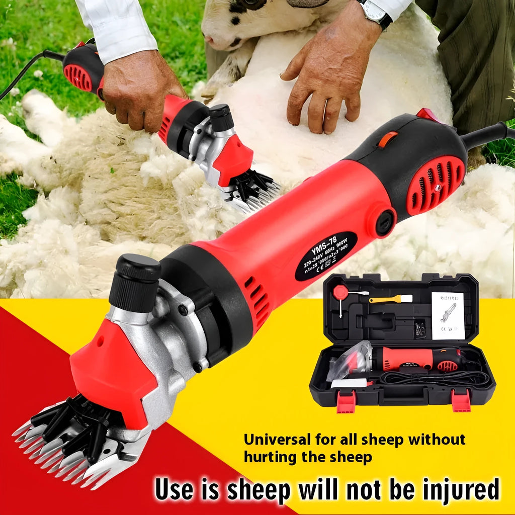 Yellow electric wool shearing machine with 13-tooth straight blade and accessory kit including multiple blades and maintenance tools