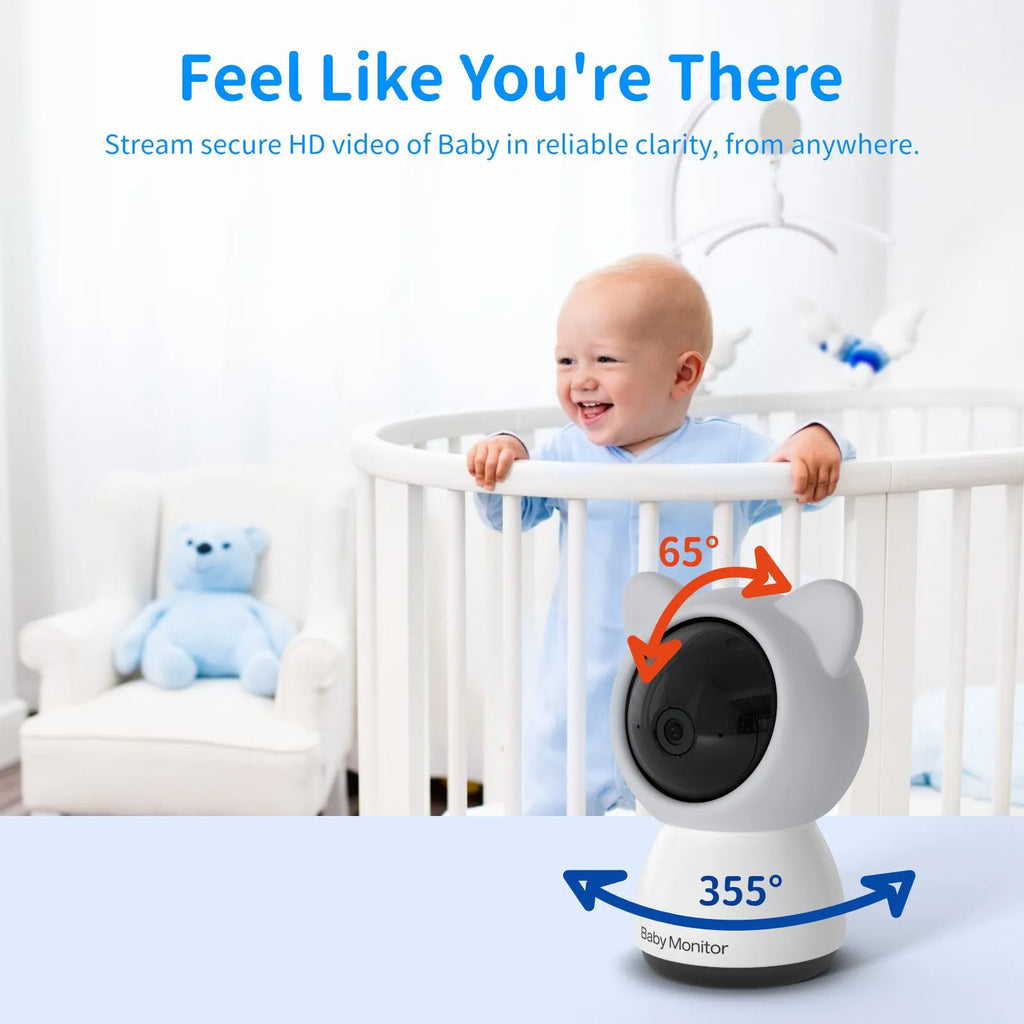 Baby monitor with 5-inch screen showing camera view, 720P resolution, pan tilt mechanism