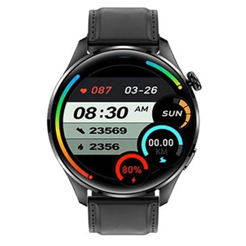 Smart watch with round colour screen on wrist, showing Bluetooth call interface with zinc alloy case.
