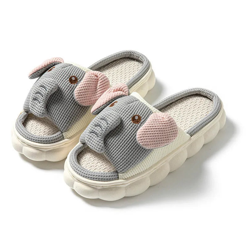 Elephant grey linen open toe couples slippers with PVC sole on wooden floor