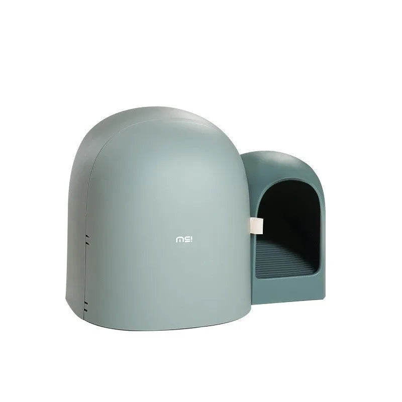 Fully enclosed oversized cat litter box in moss green colour, showing its dimensions and ABS plastic construction.