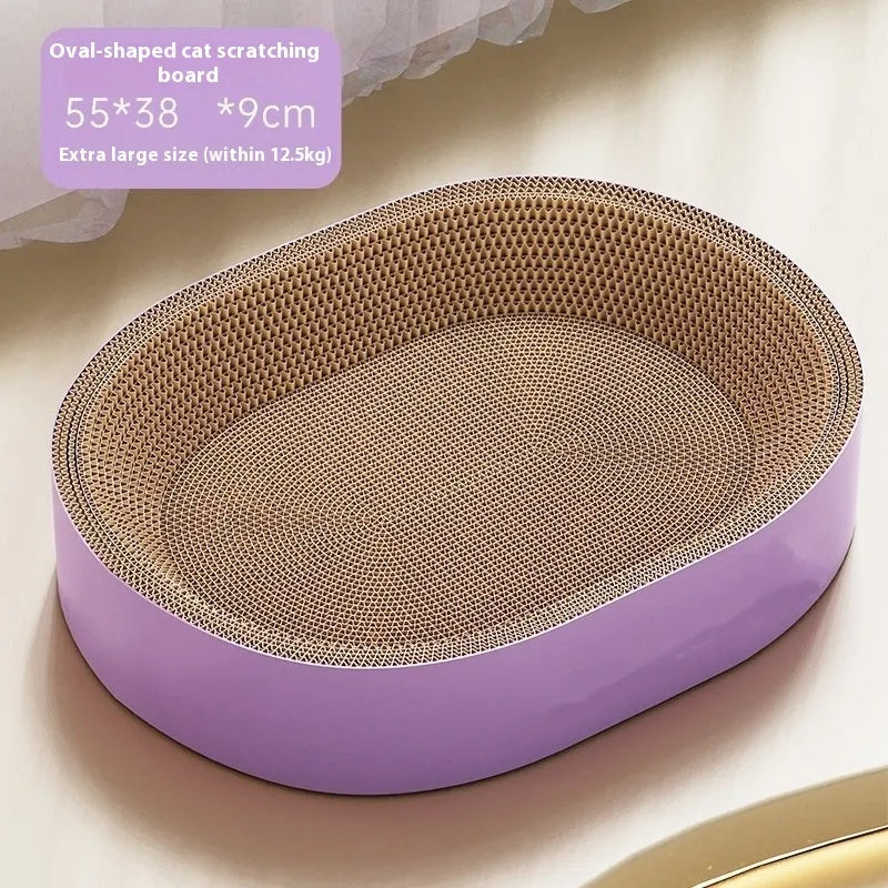 Green oval corrugated paper cat scratch board and nest showing textured surface and 55cm diameter.