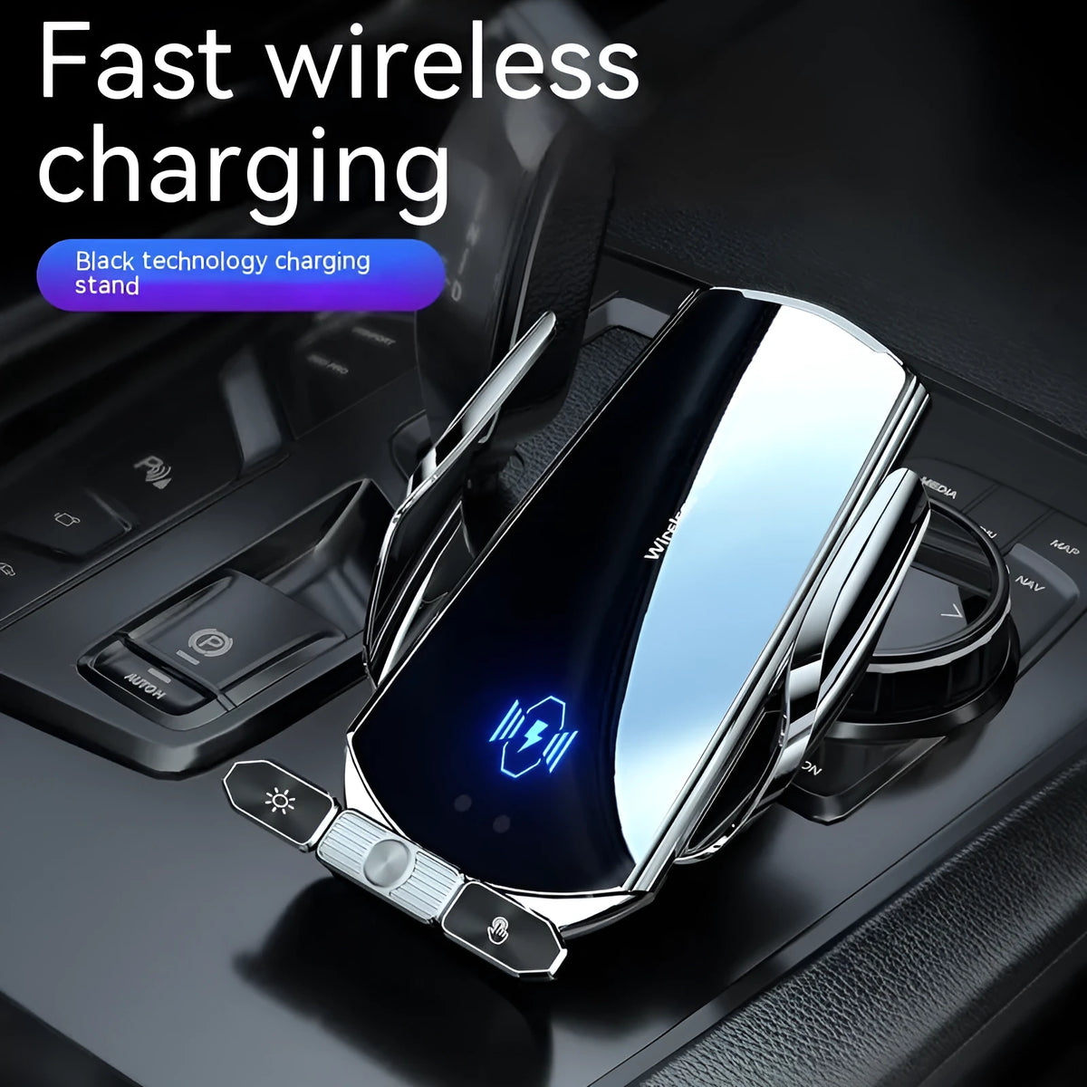 Car wireless charger phone bracket, 15W, electric clamping, air outlet mount, 130x65x24mm, black or silver