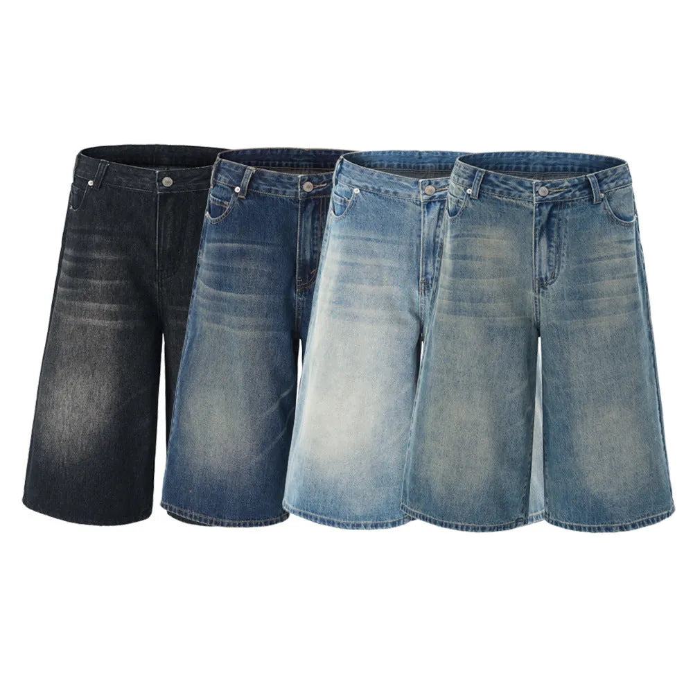 Men's straight-leg denim shorts in cropped length showing light blue colour option