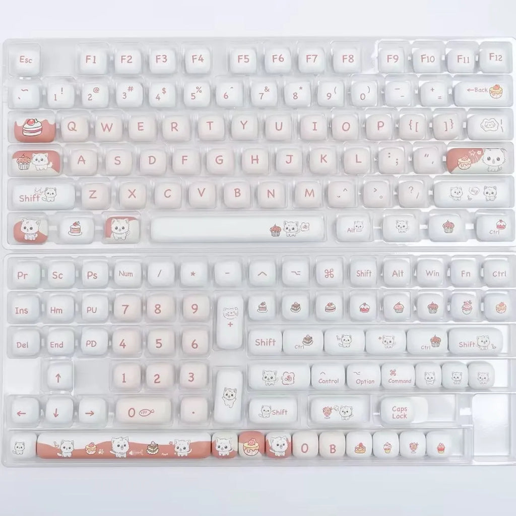 Colourful dessert cat themed mechanical keyboard key caps in MOG profile with sweet-themed cartoon designs