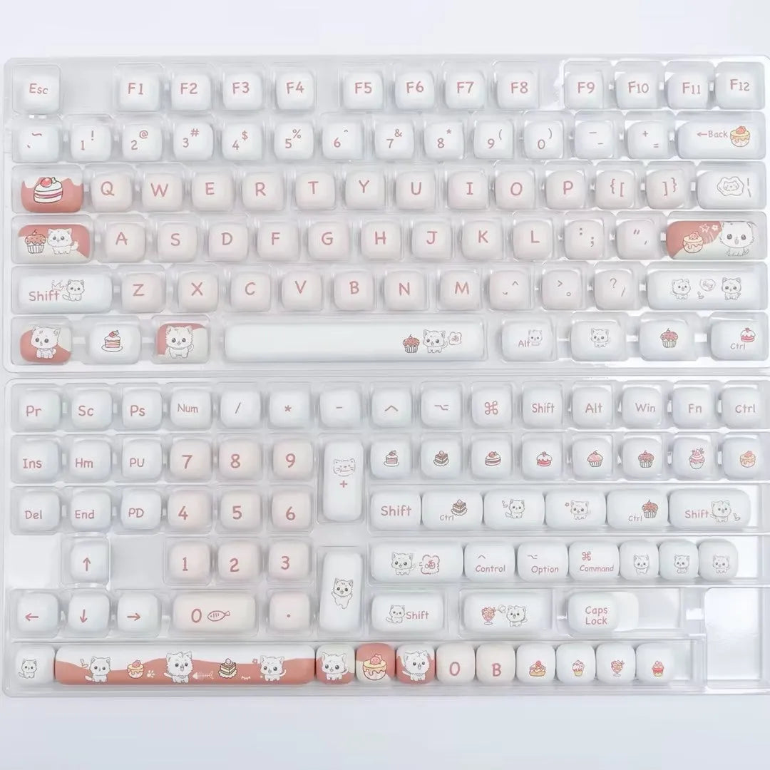 Colourful dessert cat themed mechanical keyboard key caps in MOG profile with sweet-themed cartoon designs