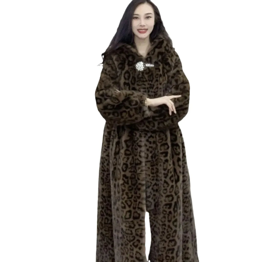 Brown leopard print plus size faux fur long coat on a hanger, showing loose fit and regular sleeves.