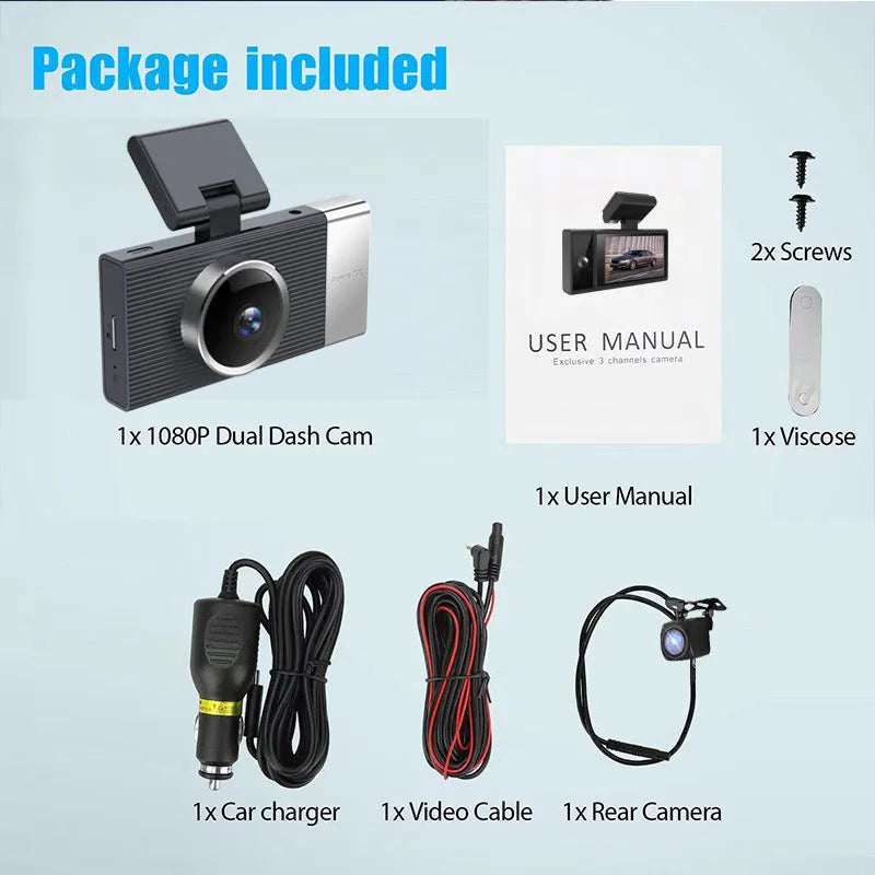 Wi-Fi enabled three-lens driving recorder with 3-inch screen and push-button controls