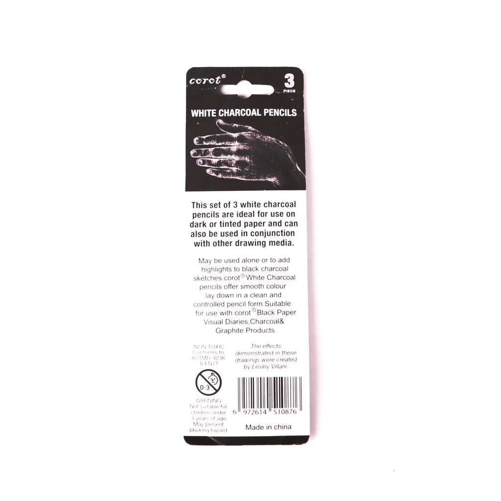 Three white charcoal pencils in wooden barrels for sketching and highlighting on dark papers