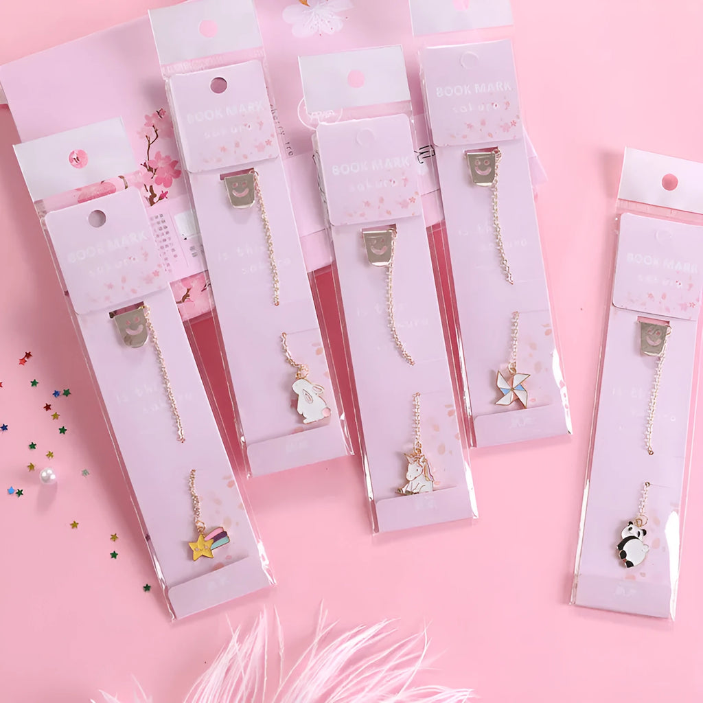 Alloy metal pendant bookmark with cartoon design choices of panda, rocket, cat paw, unicorn, and more.