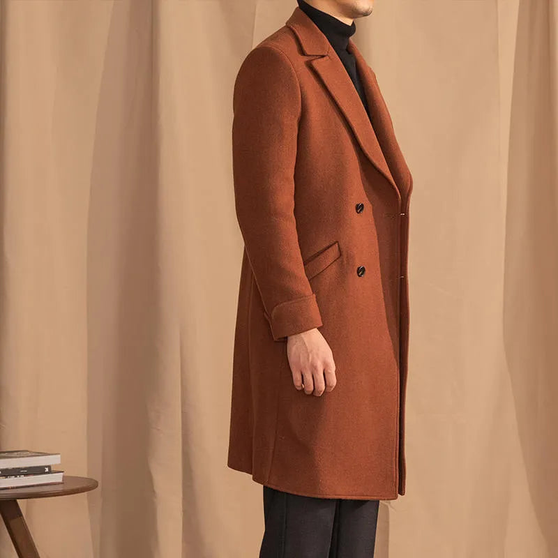 Double-breasted mid-length wool overcoat in caramel with suit collar, front view, available in sizes M to 3XL
