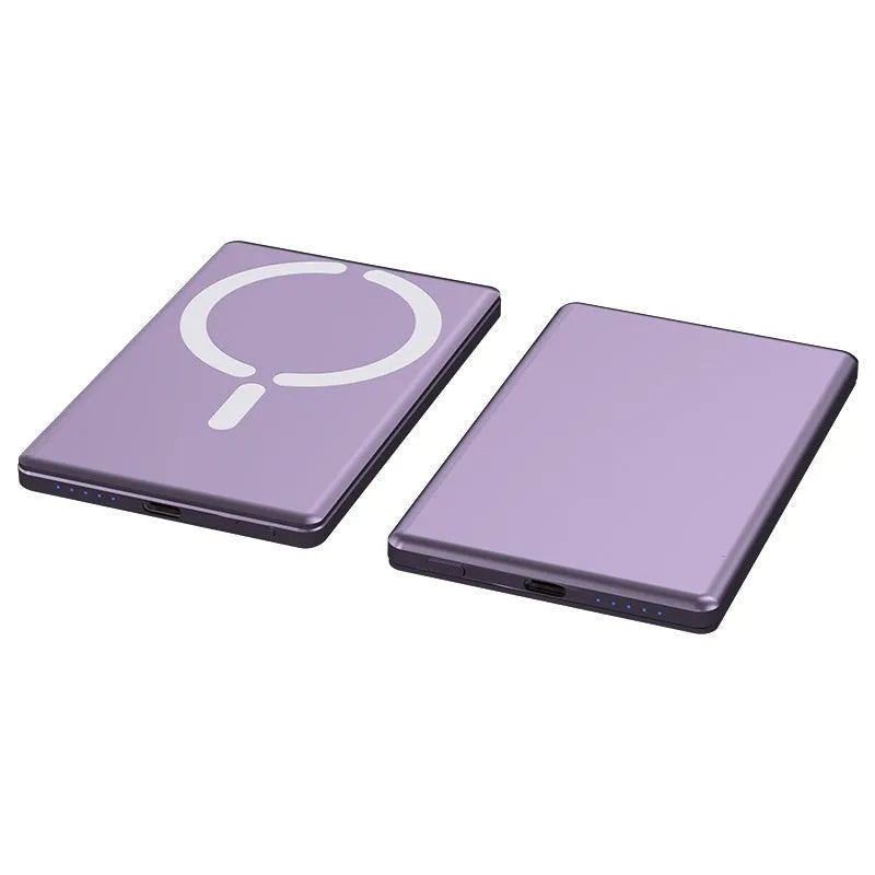 Ultra-thin 9mm magnetic power bank in dark grey, silver, black, and violet colour options