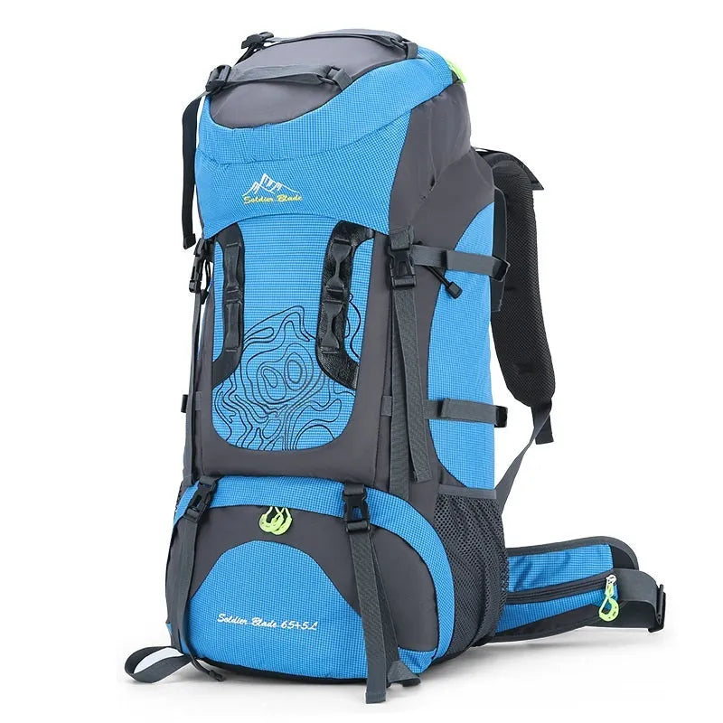 Waterproof polyester hiking backpack 56-75L in red, green, black, light blue or dark blue, 73 x 33 x 23cm, for outdoor sports