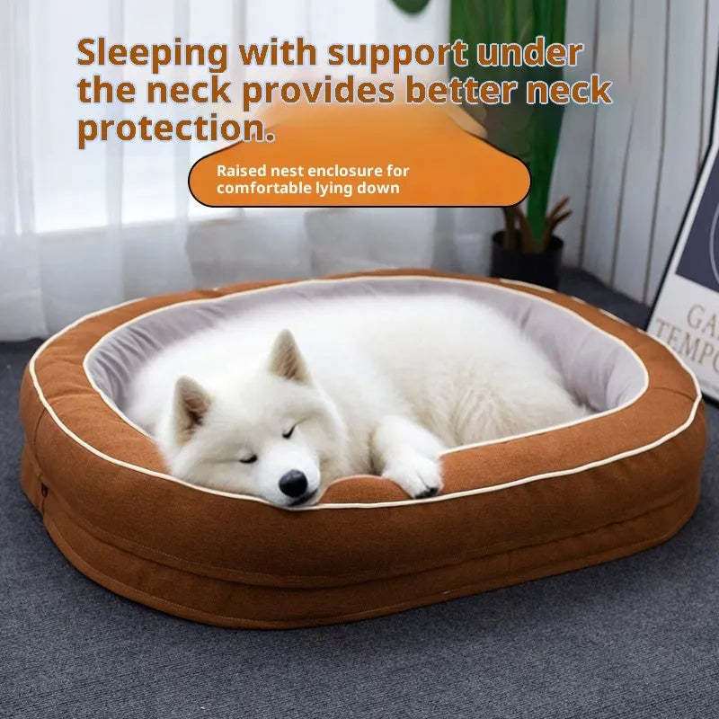 Oval removable cloth pet bed for dogs in green colour with visible stitching