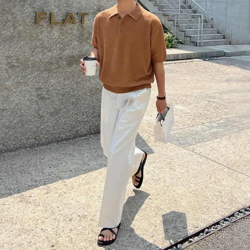 Men's caramel coloured retro knitted polo shirt with short sleeves and an asymmetric design detail.