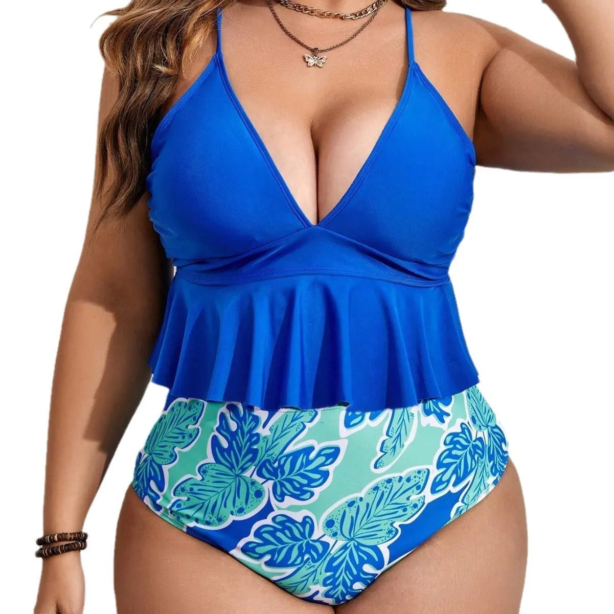 Blue polyester two-piece bikini swimsuit set in briefs style for plus sizes.