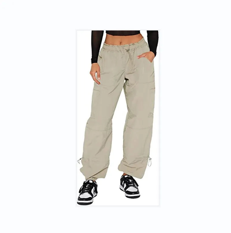 Men's multi-pocket straight-leg cargo casual trousers on a hanger, shown in a khaki colour.