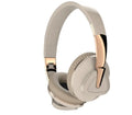 Black wireless over-ear headset with AUX cable and TF card slot, showing soft ear cups and control buttons.