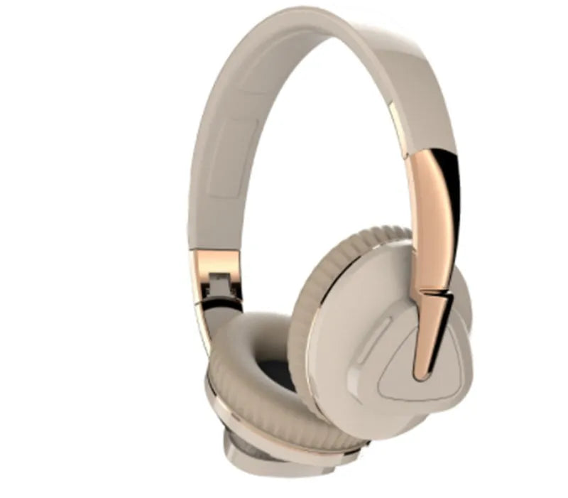 Black wireless over-ear headset with AUX cable and TF card slot, showing soft ear cups and control buttons.