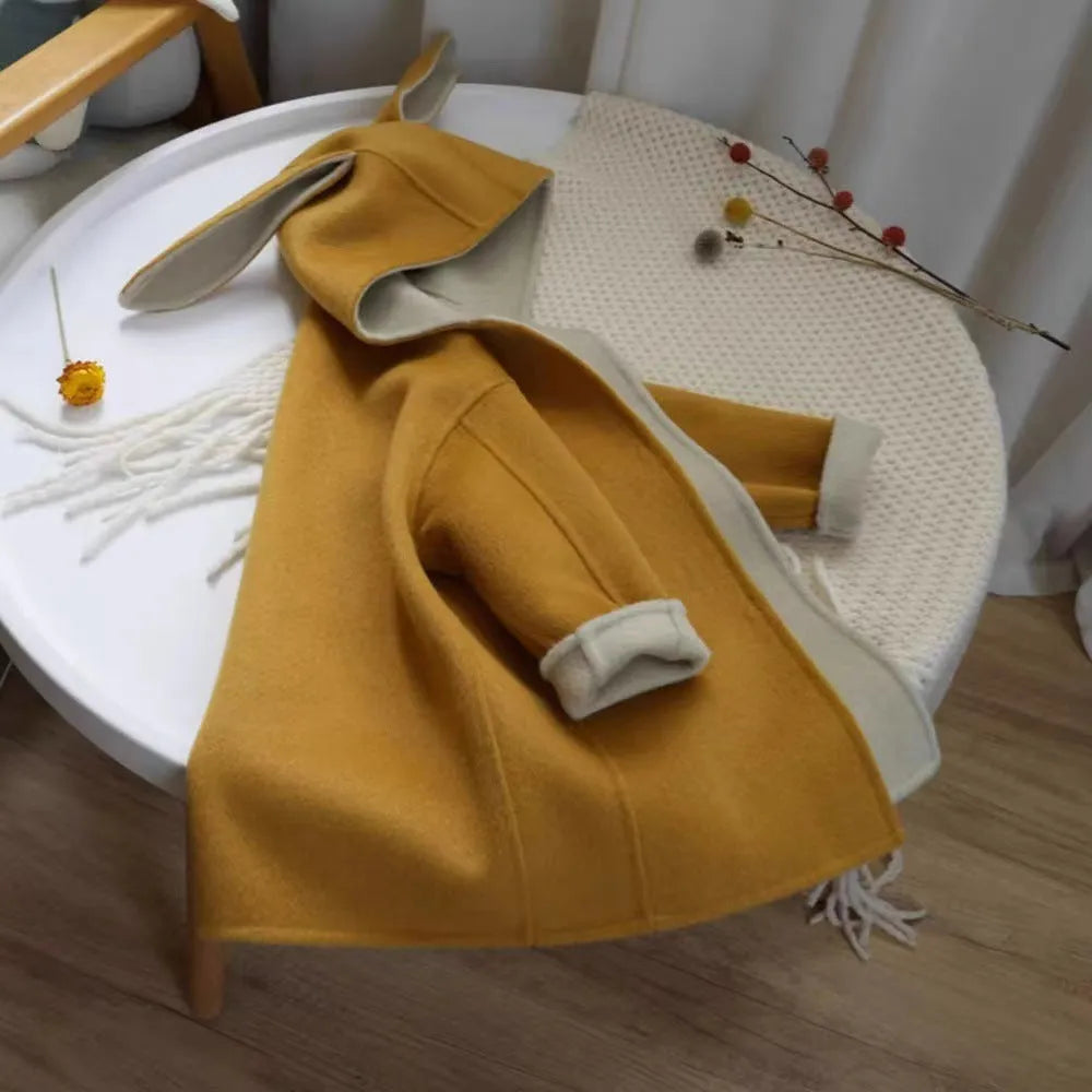 Children's autumn winter beige woolen coat with rabbit ear collar long sleeve mid-length polyester fibre