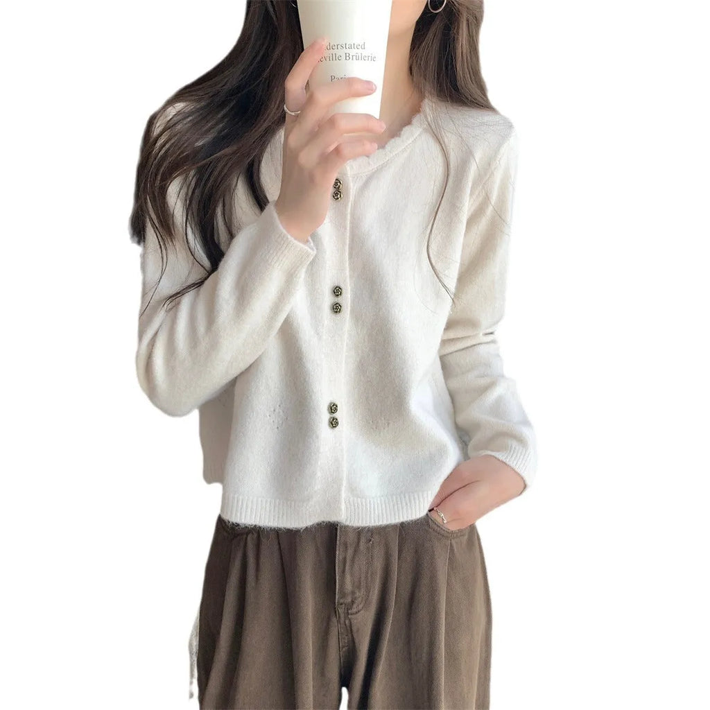 Women's beige acrylic fibre long-sleeved cardigan coat with a regular fit.