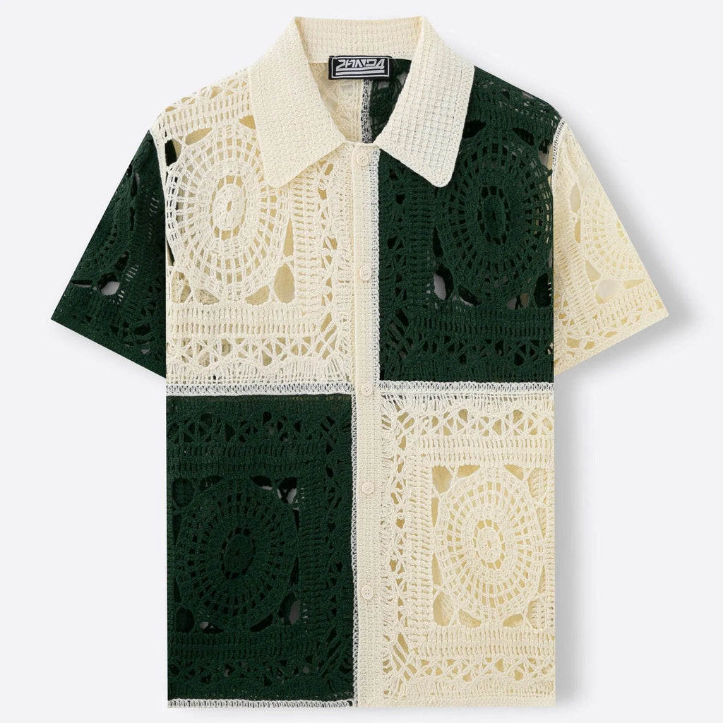 Beige colourblock men's knitted shirt with short sleeves on hanger