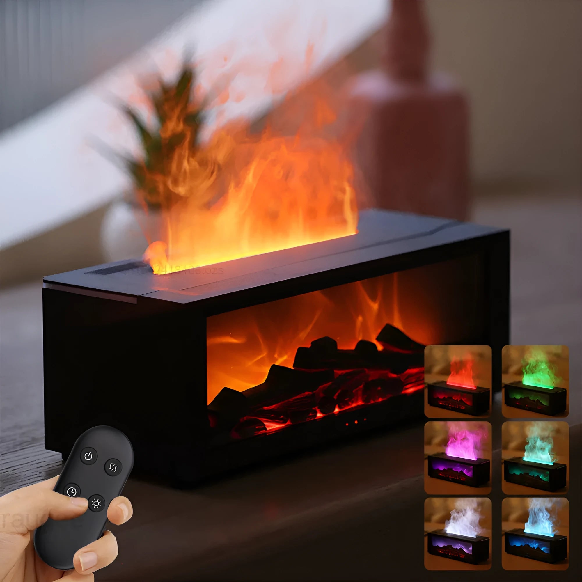 Square desktop aromatherapy diffuser emitting mist with a colourful 3D flame effect and mood lights at the base.