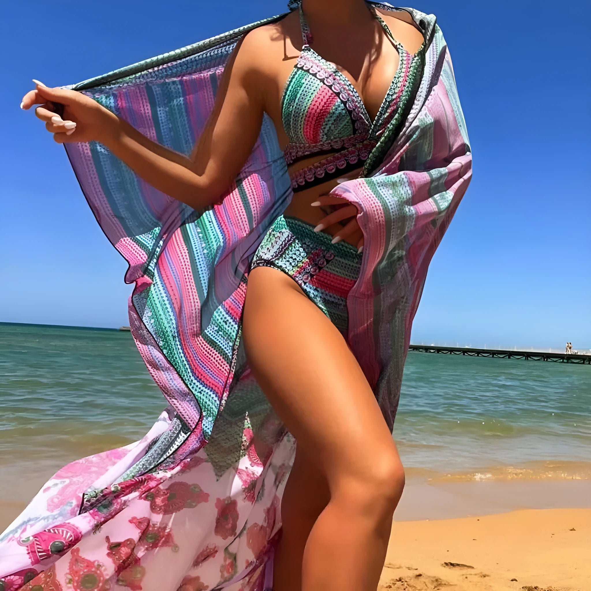 Blue high-waist cross bandage bikini set with separate smock, bra, and panties.