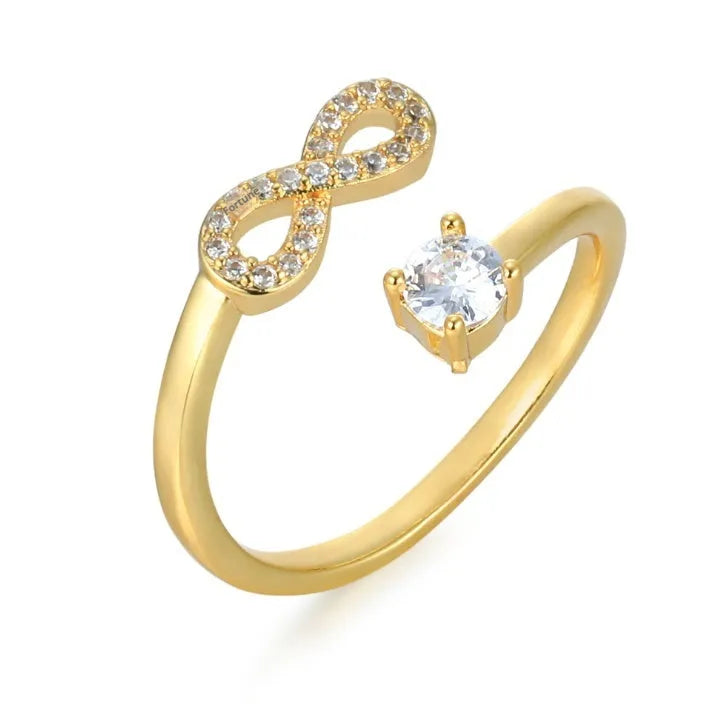 Metal geometric ring with inlaid zircon detail showing alphabet letter sizing options