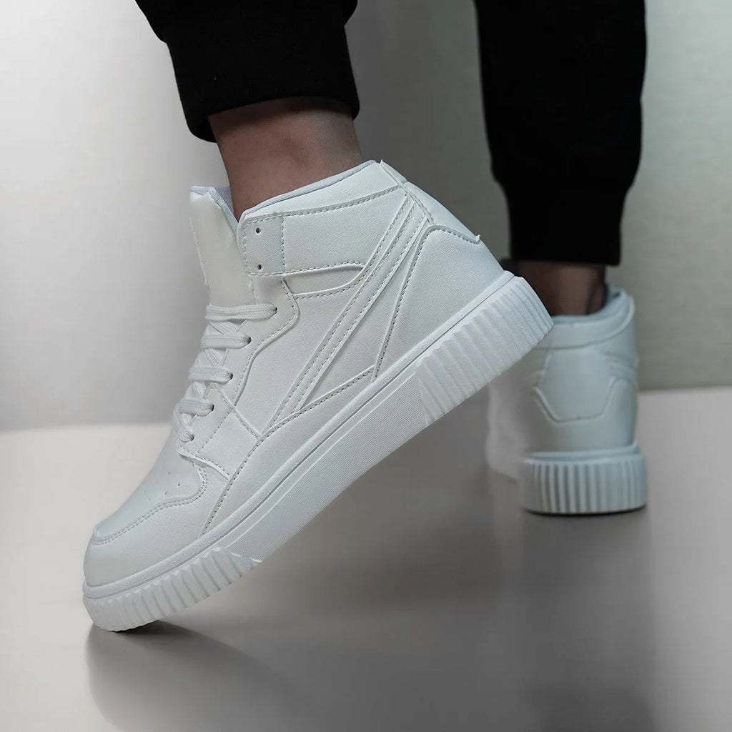 Men's white microfiber leather casual shoes with round toe design on neutral background