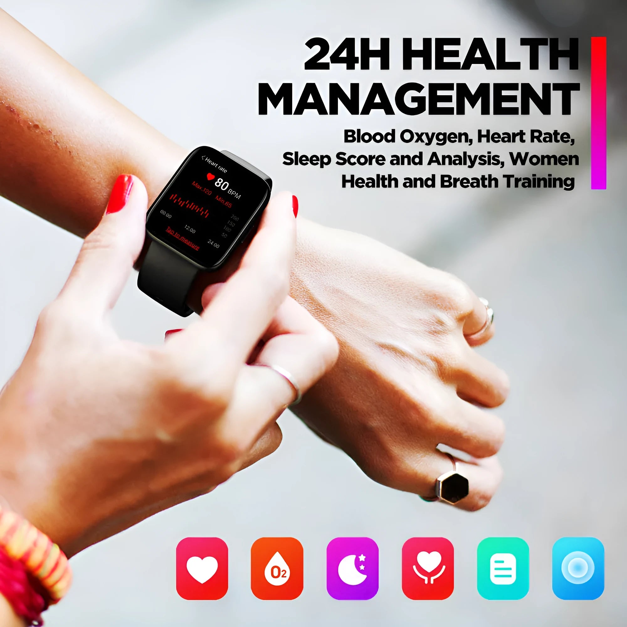 Black GPS sports smart watch with LCD display showing health metrics on rubber strap