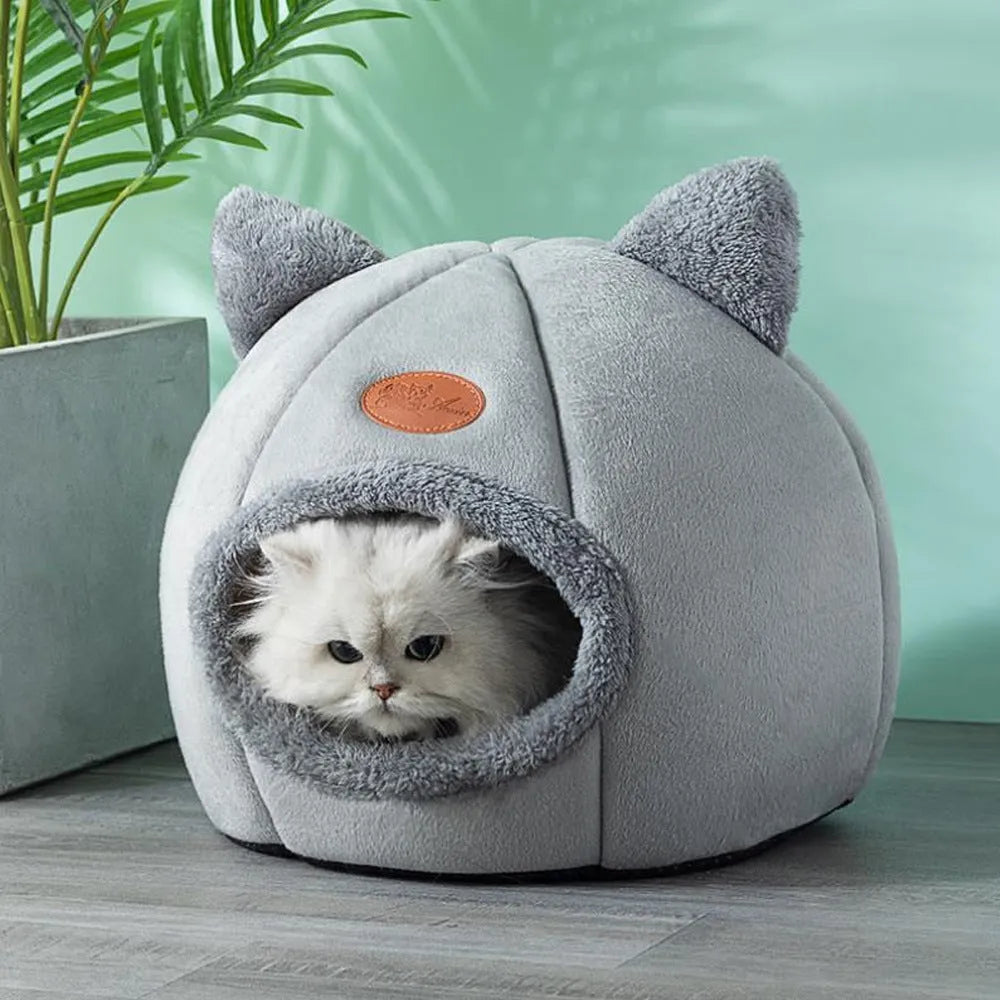 Grey fleece enclosed cube cat bed with entrance hole, shown in small, medium, and large sizes.