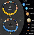 Set of twelve natural stone beaded bracelets, each labelled with a different zodiac sign, shown with adjustable fastening.