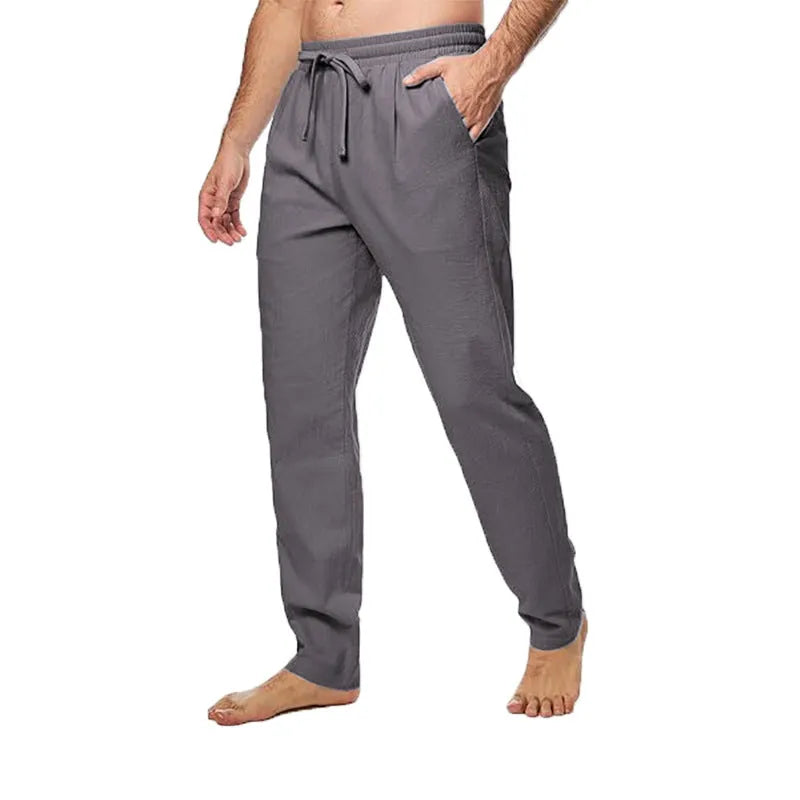 Men's cotton and linen trousers, loose straight leg, drawstring waist, summer breathable, five colours, M-5XL