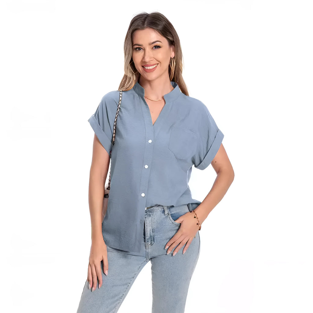 Women's stand collar button-front summer top in polyester with raglan sleeves