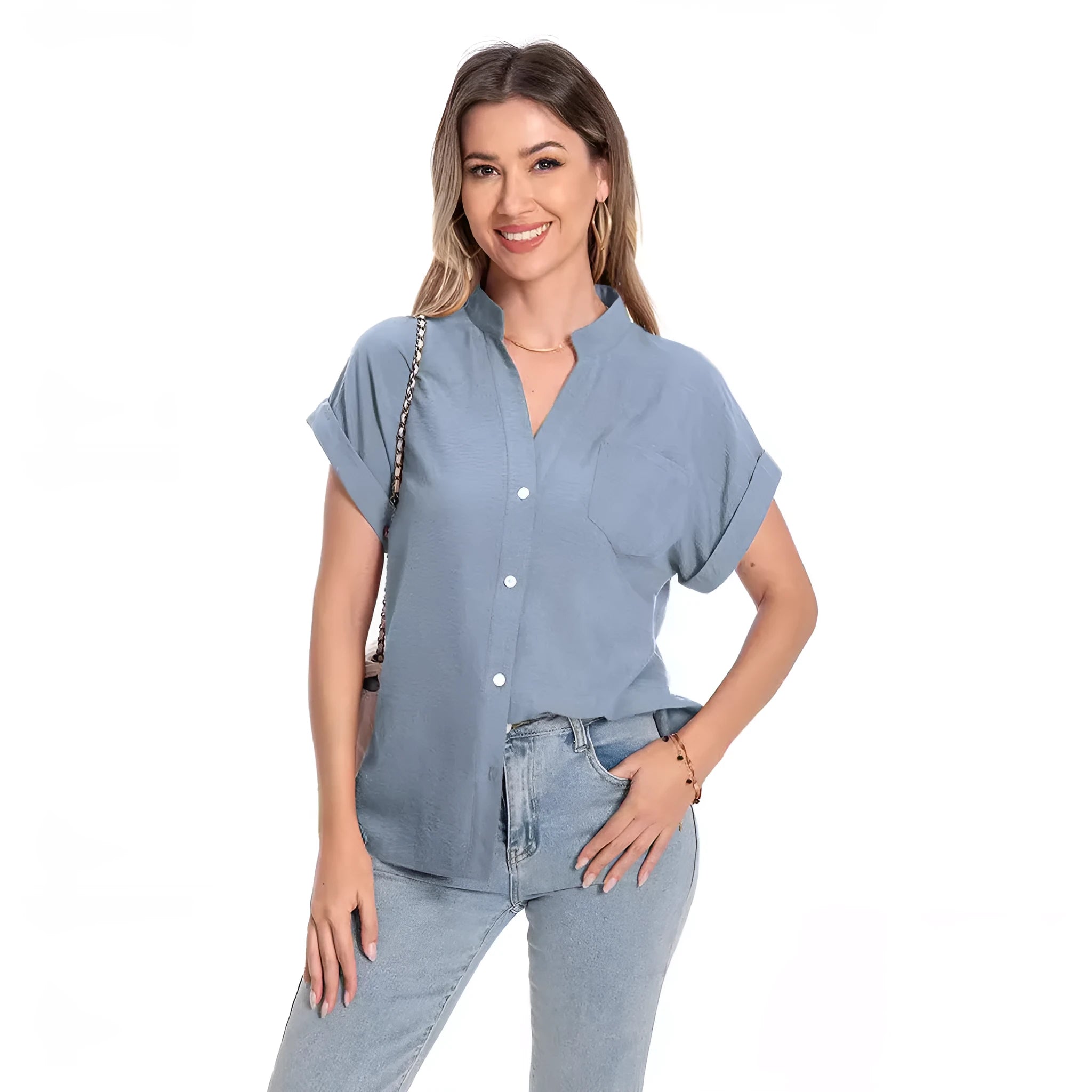 Women's stand collar button-front summer top in polyester with raglan sleeves