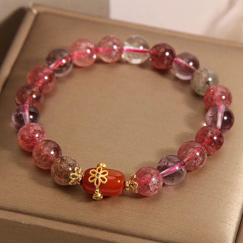 Natural Super Seven crystal bracelet with white crystal and red agate stones in cartoon-style design