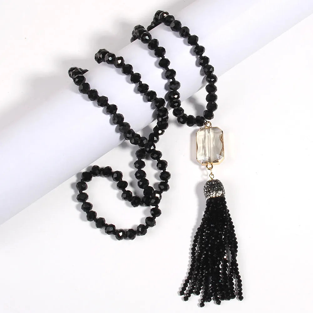 Square glass pendant necklace with glass tassel, electroplated finish, knot chain, 81cm length, bohemian style