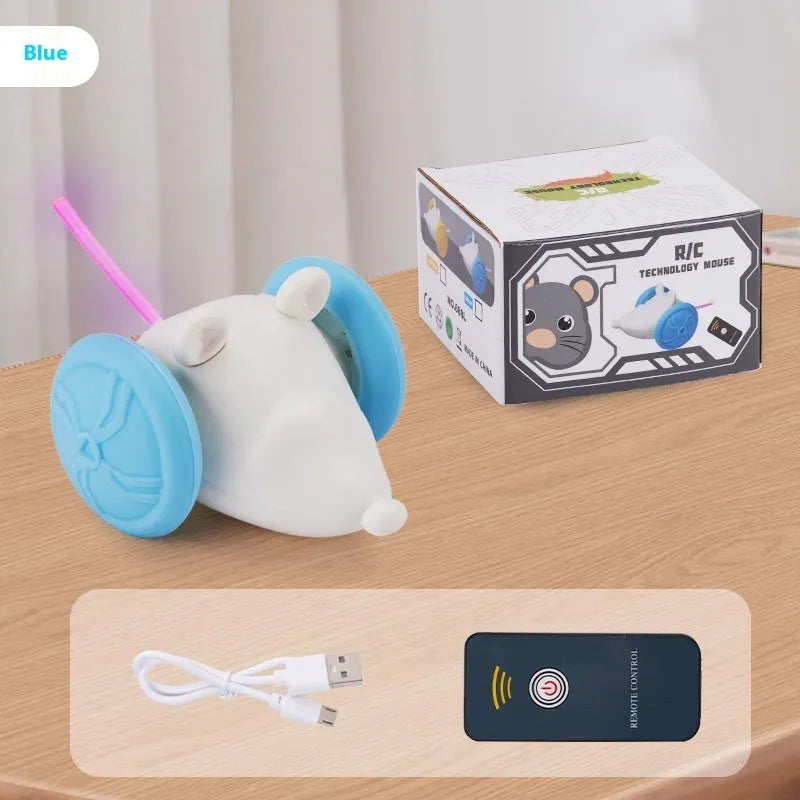 Blue and yellow electric interactive cat mouse toys with remote control on wooden floor